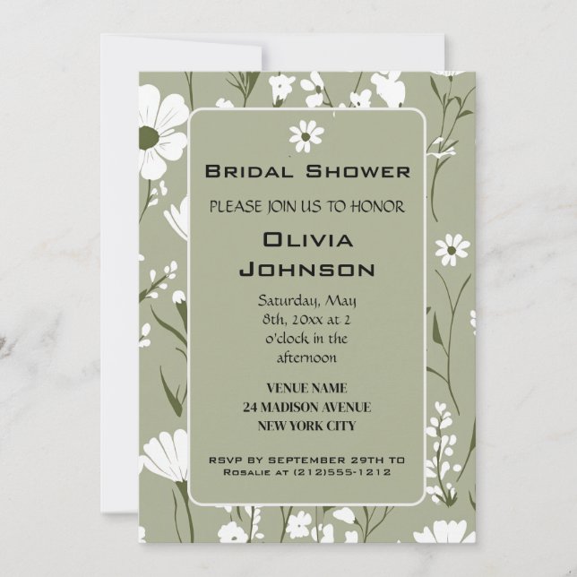 Invitación PRIMAVERA Ducha de novia floral blanca y verde (Anverso)
