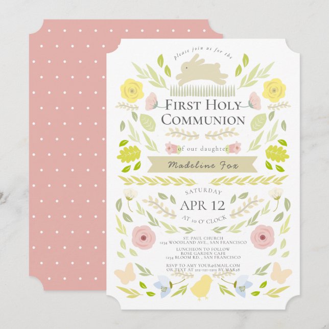 Invitación Primavera Floral Bunny Chica Rosa Primera Santa Co (Anverso / Reverso)