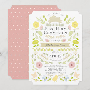 Invitación Primavera Floral Bunny Chica Rosa Primera Santa Co