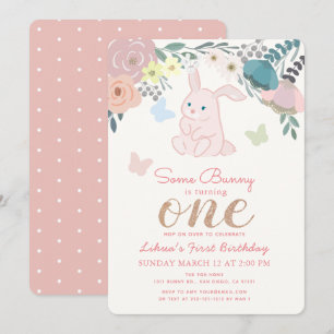 Invitación Primavera Floral Chica conejito rosa primer cumple