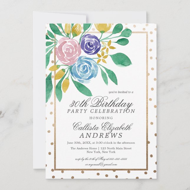 Invitación Primavera Floral Oro Confetti Acuarela Cumpleaños (Anverso)