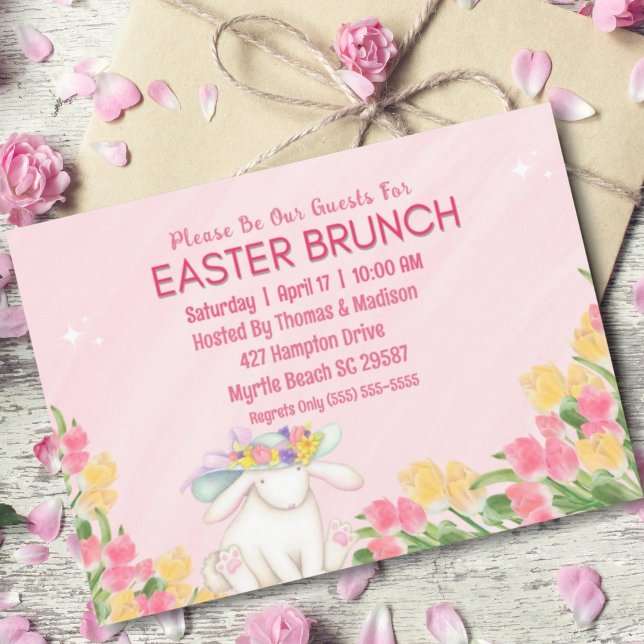 Invitación Primavera Floral Pascua Watercolor Bunny Brunch (Subido por el creador)