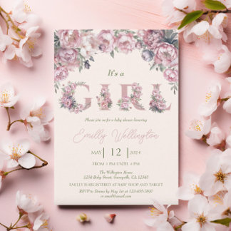 Invitación Primavera floral Peonies rosados Boho Chica Baby S