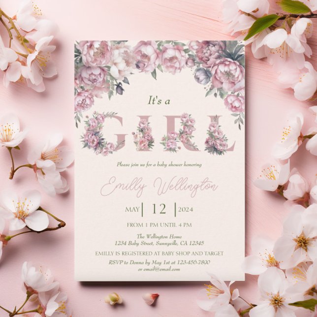 Invitación Primavera floral Peonies rosados Boho Chica Baby S (Subido por el creador)