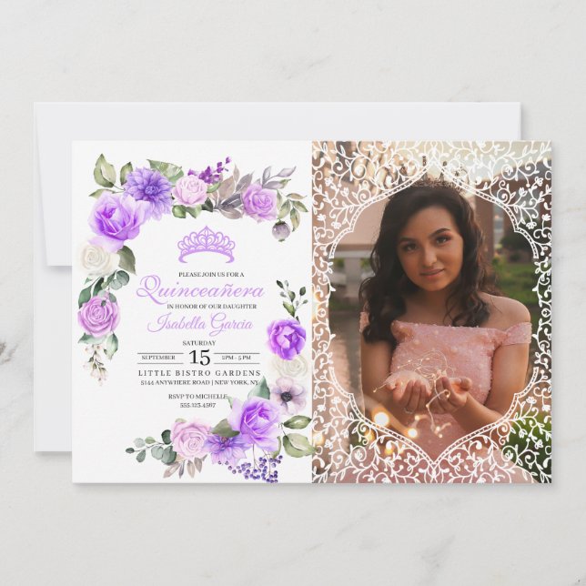 Invitación Primavera Floral Púrpura Quinceanera Foto De Cumpl (Anverso)