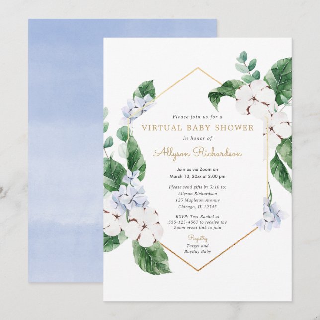 Invitación Primavera floral Virtual Baby Shower azul oro blan (Anverso / Reverso)