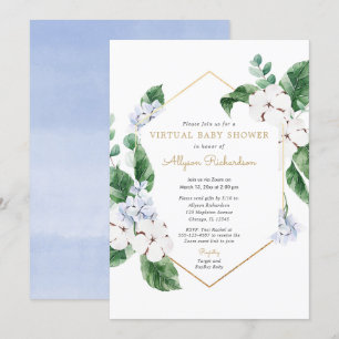 Invitación Primavera floral Virtual Baby Shower azul oro blan