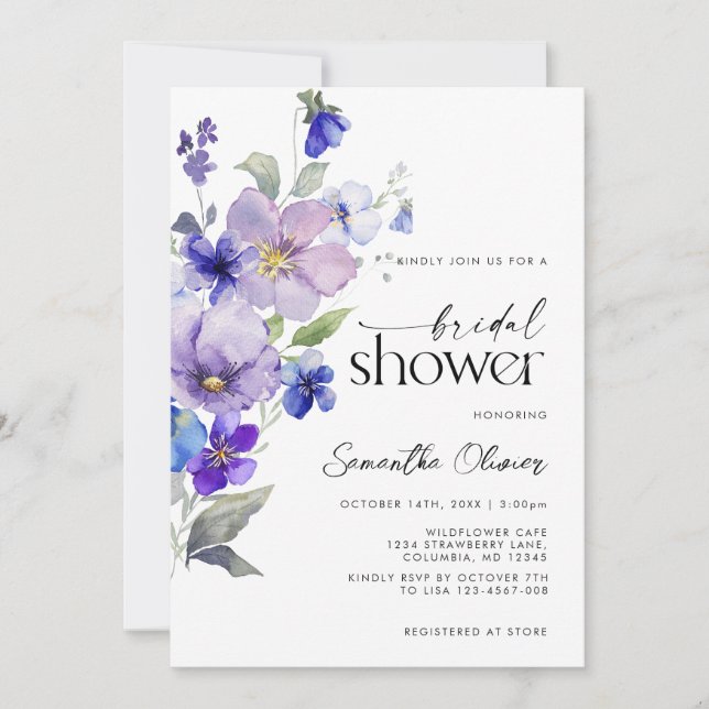 Invitación Primavera floralViola Morada Bridal Ducha (Anverso)