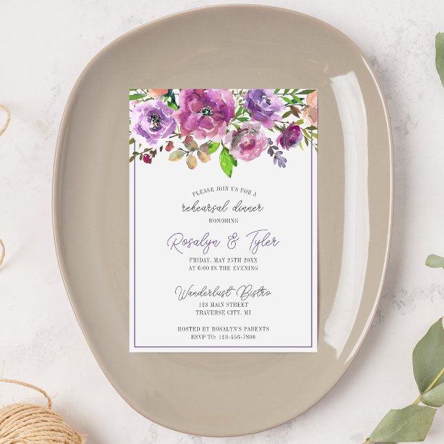 Invitación Primavera Flores Ensayo Floral Morado Cena (Subido por el creador)