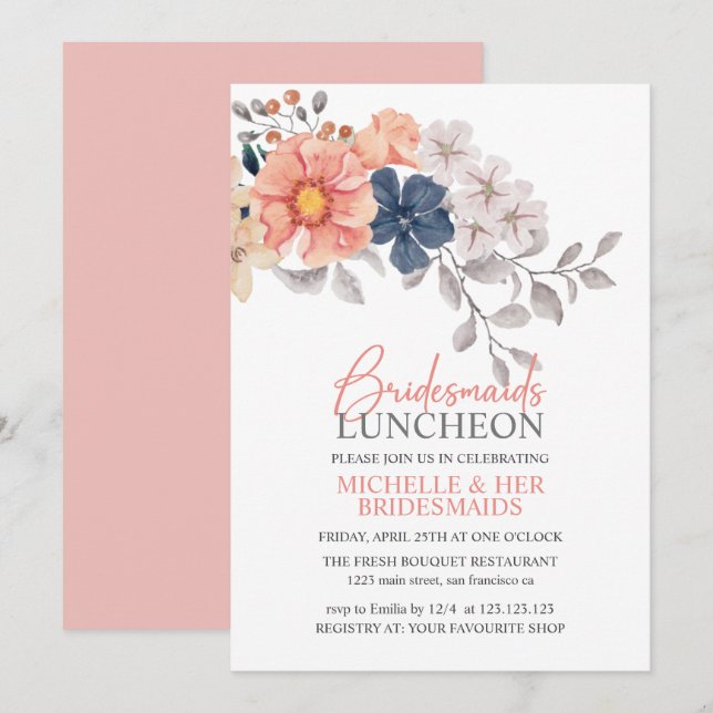 Invitación Primavera Flores Marina Coral Novias de Nocheon In (Anverso / Reverso)