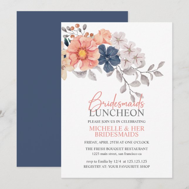 Invitación Primavera Flores Marina Coral Novias de Nocheon In (Anverso / Reverso)