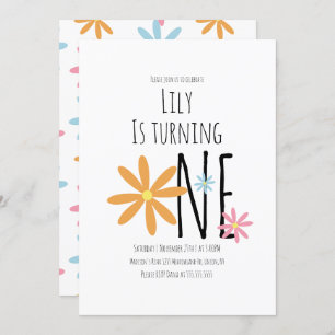 Invitación Primavera Flores Naranja azul rosado Primer cumple