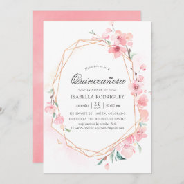 Invitación Primavera Geométrica de Cerezo Rosa Quinceañera