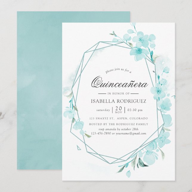 Invitación Primavera Geométrica Quinceañera con flores de cer (Anverso / Reverso)