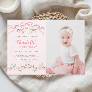 Invitación Primavera Jardín rosa y verde 1er cumpleaños foto