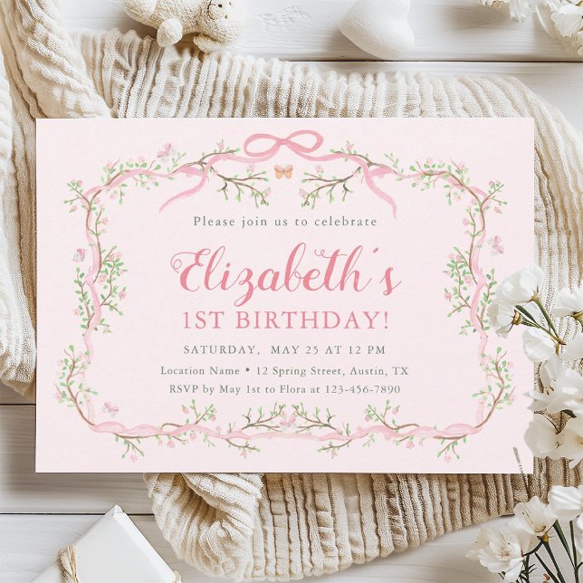 Invitación Primavera Jardín Rosa y Verde Primer Fiesta de cum (Subido por el creador)