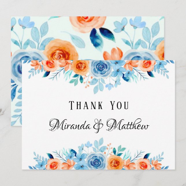 Invitación Primavera Paint Azul Naranja Florals Boda Gracias (Anverso / Reverso)