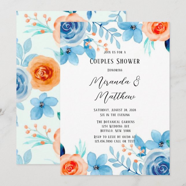 Invitación Primavera Paint Azul Naranja Florencia Las Parejas (Anverso / Reverso)