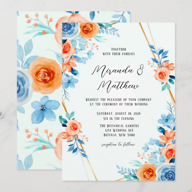 Invitación Primavera Paint Naranja azul acuarela Boda floral (Anverso / Reverso)