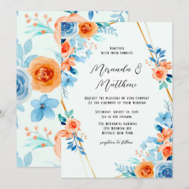 Invitación Primavera Paint Naranja azul acuarela Boda floral