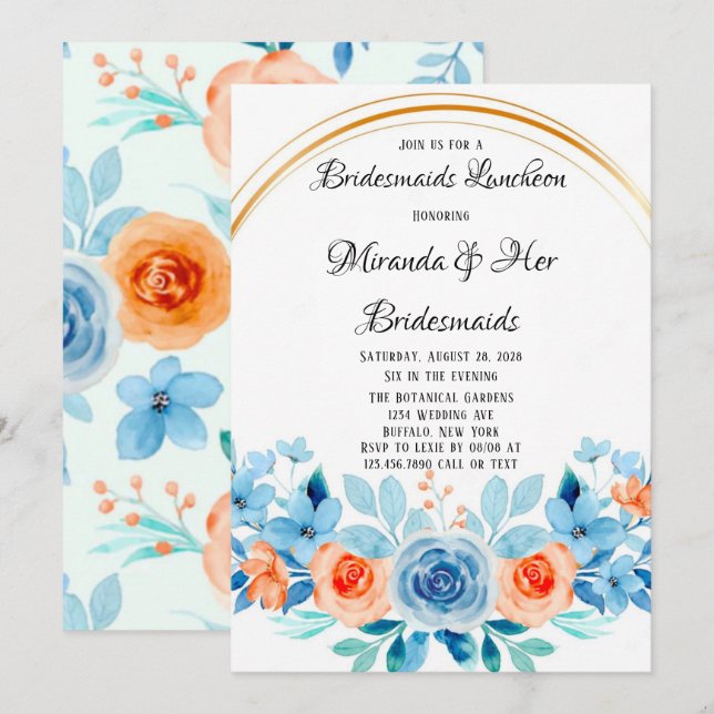 Invitación Primavera Paint Naranja azul Floral Bridesmaids Al (Anverso / Reverso)