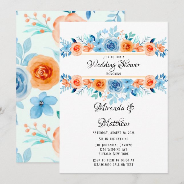 Invitación Primavera Paint Naranja azul Florals Wedding Showe (Anverso / Reverso)