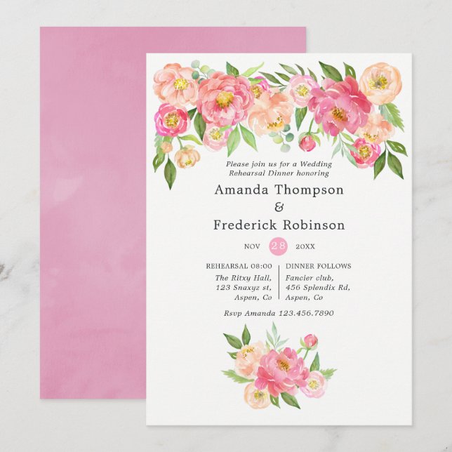 Invitación Primavera Peony Flores Boda ensayo cena (Anverso / Reverso)