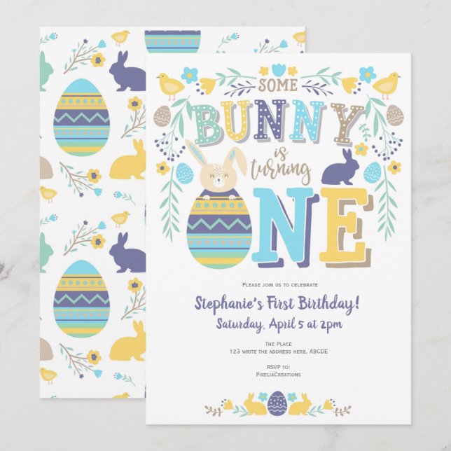 Invitación Primavera, primer cumpleaños de niño, Pascua, cone (Anverso / Reverso)