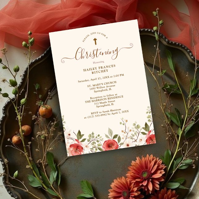 Invitación Primavera Romántica Rosas y Flores Bautizo (Romantic Spring Roses and Flowers Baptism Invitation Card Design.)