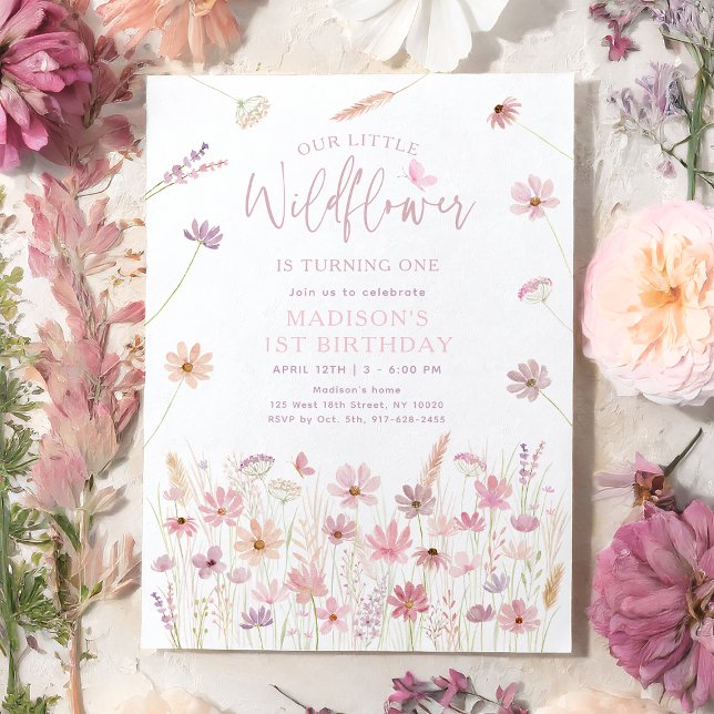 Invitación Primavera Rosa agitada flores silvestres primer cu (Subido por el creador)
