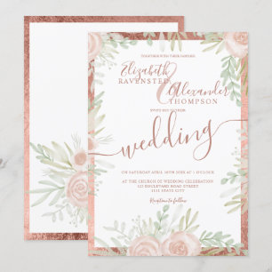 Invitación Primavera rosa floral rosa borde dorado boda blanc