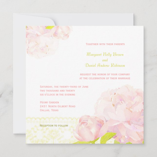 Invitación Primavera Rubor Peony Floral Boda (Anverso)