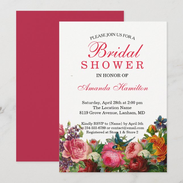 Invitación Primavera rústico Floral rosa BIRD Bridal Shower (Anverso / Reverso)