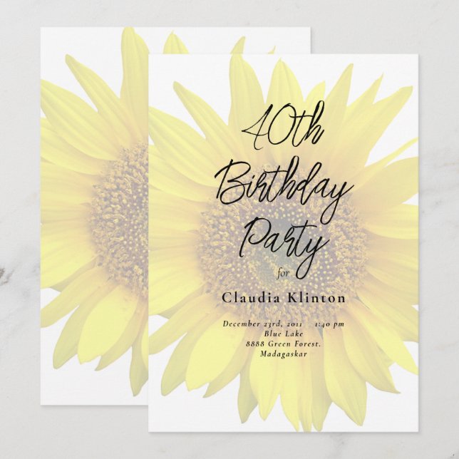 Invitación Primavera Sunflowers 40.ª Fiesta de cumpleaños (Anverso / Reverso)