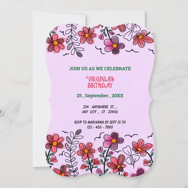 INVITACIÓN PRIMAVERA ÚNICA DOODLE ROJO FLORES CUMPLEAÑOS (Anverso)