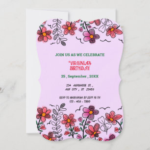 INVITACIÓN PRIMAVERA ÚNICA DOODLE ROJO FLORES CUMPLEAÑOS
