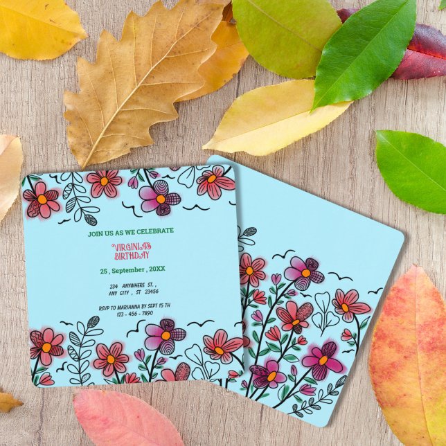 INVITACIÓN PRIMAVERA ÚNICA DOODLE ROJO FLORES CUMPLEAÑOS (Subido por el creador)