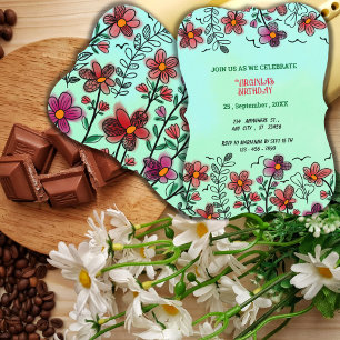 INVITACIÓN PRIMAVERA ÚNICA DOODLE ROJO FLORES CUMPLEAÑOS