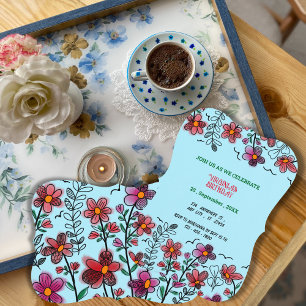 INVITACIÓN PRIMAVERA ÚNICA DOODLE ROJO FLORES CUMPLEAÑOS