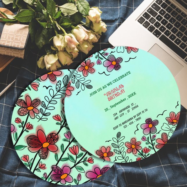 INVITACIÓN PRIMAVERA ÚNICA DOODLE ROJO FLORES CUMPLEAÑOS (Subido por el creador)