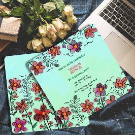 INVITACIÓN PRIMAVERA ÚNICA DOODLE ROJO FLORES CUMPLEAÑOS