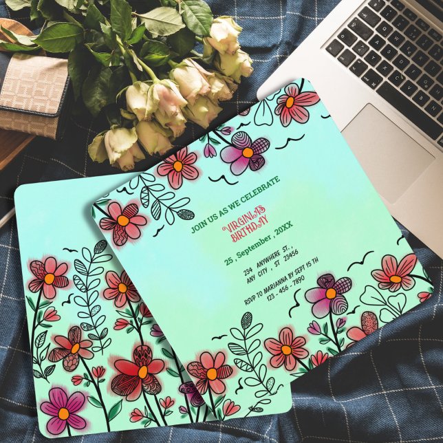 INVITACIÓN PRIMAVERA ÚNICA DOODLE ROJO FLORES CUMPLEAÑOS (Subido por el creador)