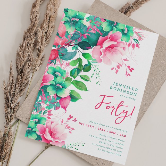 Invitación Primavera Verano acuarela Floral 40 cumpleaños (Spring Summer Watercolor Floral 40th Birthday Invitation)
