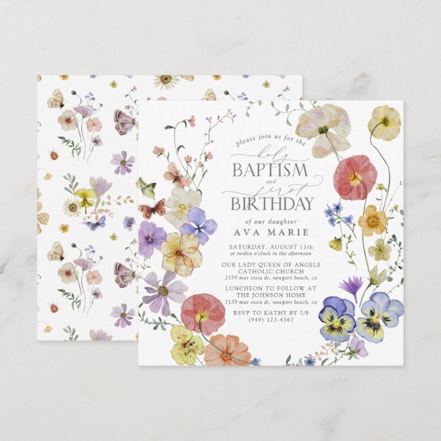 Invitación Primavera Verano Bautismo Flor Silvestre Primer cu (Anverso / Reverso)