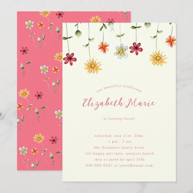 Invitación Primavera Whimsical Flor silvestre Hot Pink Chica  (Anverso / Reverso)