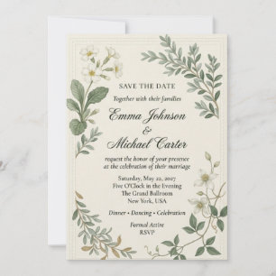 Invitación Primaveras blancas, Clemátide, Ramilletes de folla
