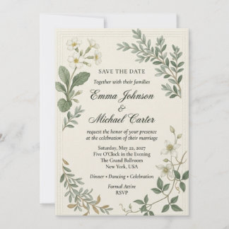 Invitación Primaveras blancas, Clemátide, Ramilletes de folla