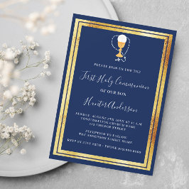 Invitación Primer anfitrión de cáliz de oro azul marino de la