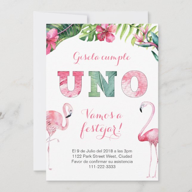 Invitación Primer Añito Flamenco | 1 cumpleaños Flamingo (Anverso)