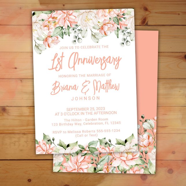 Invitación Primer aniversario Boda de Peach Rubor Ivory Flora (Subido por el creador)